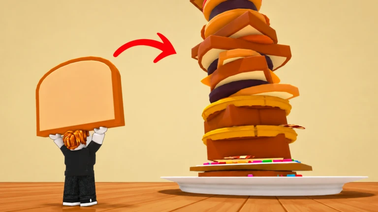 A character carrying bread toward a tall sandwich stack